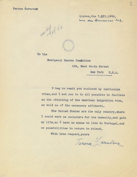 List Teresy Żarnower do Emergency Rescue Commitee 1940